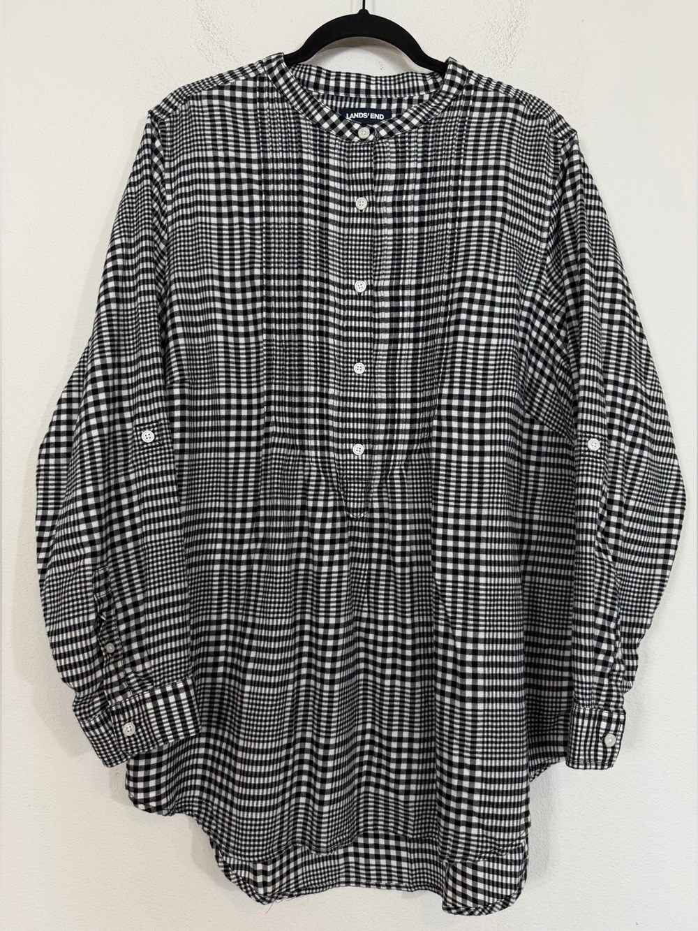 Lands’ End Women’s Long Sleeve Pleated Plaid Flannel Shirt Tunic Black White 18W